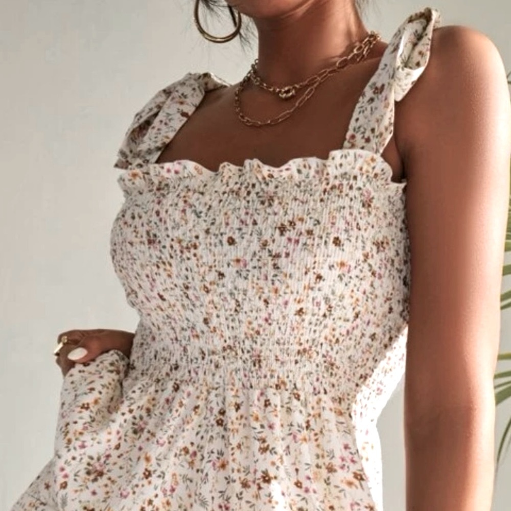 🍃 Floral Print Shoulder Tie Dress - Picture 4 of 8